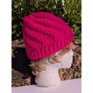 Handmade Knit Beanie Hat Hot Pink Adult Stretch Winter Slouchy Cap